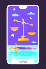 The Justice tarot cartoon flat card template major arcana. Taro vector illustration spiritual signs with esoteric magic and astrology symbols. Isolated colored graphic. Witchcraft concept EPS