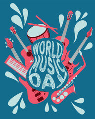 Wall Mural - world music day design - guitars and instruments illustration