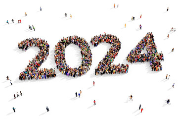 Large and diverse group of people gathered together in the shape of 2024, new year event concept, top view, on transparent background	