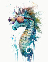 Watercolor Sea Horse With Sun Glasses Illustration Isolated On White Background. Colorful Digital Animal Art