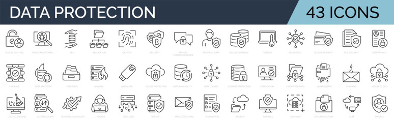 Wall Mural - set of line icons related to data protection, cyber security, privacy. outline icon collection. edit