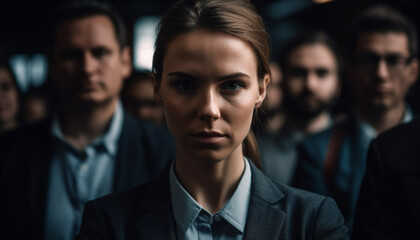 Confident business team smiling in well dressed suits generated by AI