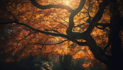 Poster - Backlit tree trunk illuminated by autumn sunset generated by AI