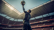 A soccer goalkeeper taking the ball in the air with the stadium and fans in the background, low angle view - ai generative