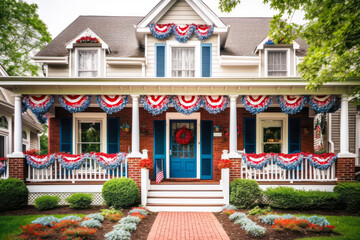 Patriotic 4th of July decor on house exterior, Memorial Day. Generative AI