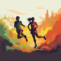 Wall Mural - two sporty young people run. Generative AI