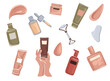 Skincare Cosmetics Vector Set. Hand Cream Tube, Body Lotion, Gua Sha, Facial Massage Roller.