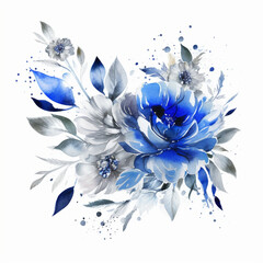 Poster - Watercolor Royal Blue and Silver Floral Generative AI 