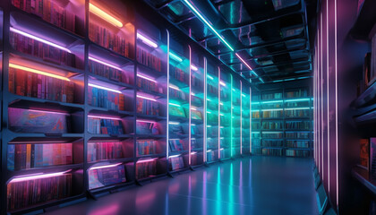 Poster - futuristic computer equipment glows in dimly lit room generated by ai