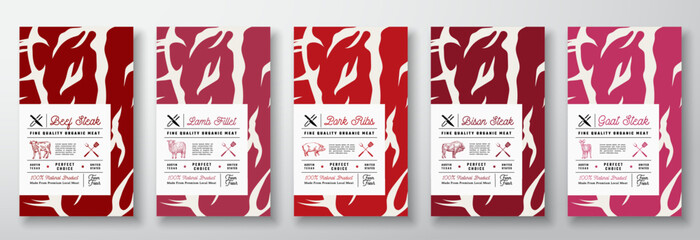 Meat Texture Abstract Vector Product Labels Set. Food Packaging Design Templates Collection. Modern Typography and Hand Drawn Cow, Sheep, Pig, Bison and Goat Silhouettes Background Layouts Isolated