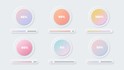 Fototapete - 6 Neomorphism Loading Bars. Editable gradient circular loading bars and slider buttons. Vector Graphic Templates.