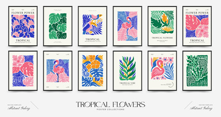 Abstract floral posters template. Modern trendy Matisse minimal style. Tropical jungle. Hand drawn design for wallpaper, wall decor, print, postcard, cover, template, banner. 