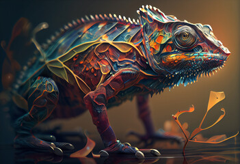 Aufkleber - lizard on a branch colorful background violet and pink colors. Generative AI 
