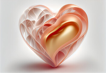 Poster - Beautiful abstract heart made from smooth elegant transparent fabric on white background 3d pink and peach colors. Generative AI technology.
