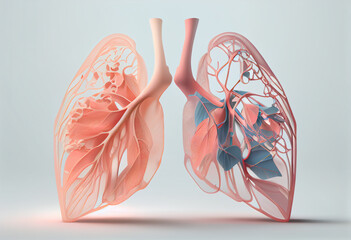 Poster - Beautiful abstract lungs made from smooth elegant transparent fabric on white background 3d pink and peach colors. Generative AI technology.
