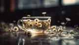 Fototapeta  - Fresh chamomile tea on rustic wooden table generated by AI