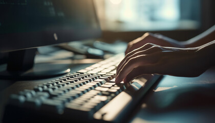 Poster - Businessman typing on computer keyboard, global communication generated by AI