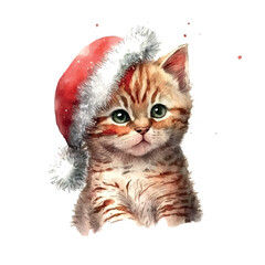 Wall Mural - Christmas little cat watercolor in sketch style Hand drawn sketch. Vector drawing. Cute funny character. White background.