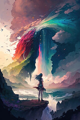 Wall Mural - a colorful bright illustration of a lonely strong woman standing in front of a fantasy waterfall, generative ai technology