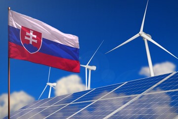 Wall Mural - Slovakia renewable energy, wind and solar energy concept with windmills and solar panels - renewable energy - industrial illustration, 3D illustration