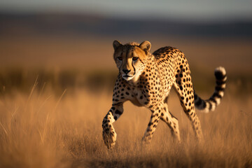 cheetah running through a sun-kissed grassland