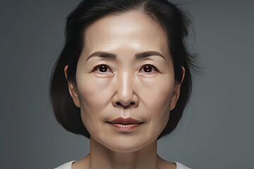 Stylish confident adult Asian female looking at camera at gray background. Portrait of adult asian woman with serious look. Generative AI.