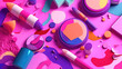 cosmetics and makeup products scattered on a pink background