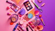 cosmetics and makeup products scattered on a pink background