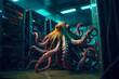 Huge octopus animal clam with tentacles in a server room with computers. Computer control virus capture concept, malicious. Generative AI.