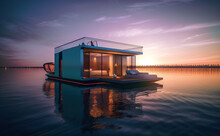 A Floating House On The Water At Sunset. AI Generative. Tiny House Illustration.