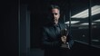 © Matyfiz - A dramatic photo of a business leader holding up a trophy in a dark and moody office space. Generative AI