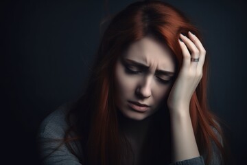 Wall Mural - Portrait of a beautiful sad young woman with long red hair. Generative AI