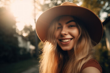 Wall Mural - Portrait of a beautiful smiling girl in a hat in the park, Generative AI