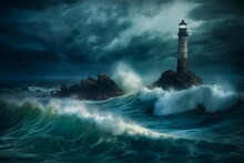 Lighthouse At Storms. Lighthouse Standing On A Rocky Island At Ocean Storm. Ocean Shore Storm. Generative AI.