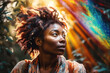 © TRINETTE + CHRIS - Black woman on psychedelic journey in forest. Generative AI.