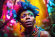 © Trinette Reed - Black woman colorful face paint and hair. Generative AI.