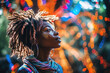 © Trinette Reed - Black woman on colorful psychedelic journey in forest. Generative AI.