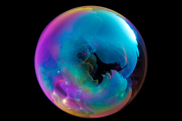 Colorful soap bubble on black background. Colorful abstract pattern on a soap bubble close up on black background. Generative AI.