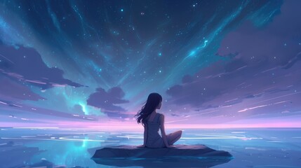 Wall Mural - beautiful stars colorful clouds woman in meditation pose looking above generative ai lucid dreaming