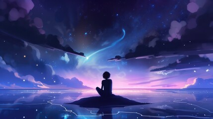 Wall Mural - beautiful stars colorful clouds woman in meditation pose looking above generative ai