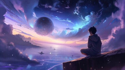 Wall Mural - beautiful stars colorful clouds woman in meditation pose looking above generative ai
