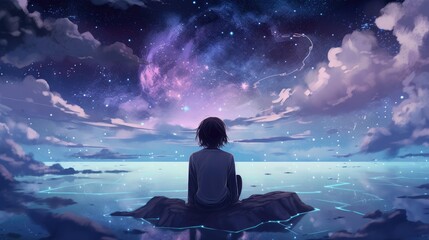 Wall Mural - beautiful stars colorful clouds woman in meditation pose looking above generative ai
