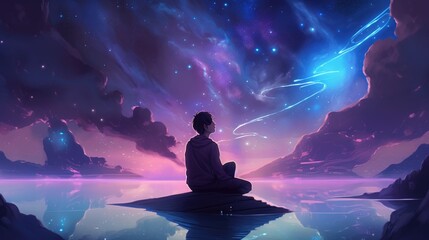 Wall Mural - beautiful stars colorful clouds woman in meditation pose looking above generative ai