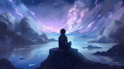 Wall Mural - beautiful stars colorful clouds woman in meditation pose looking above generative ai