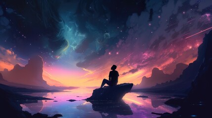 Wall Mural - beautiful stars colorful clouds woman in meditation pose looking above generative ai