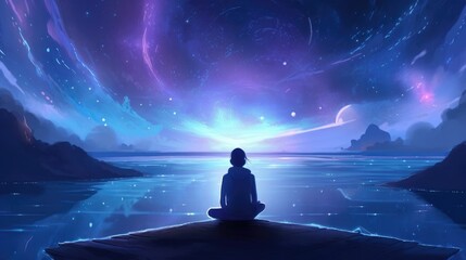 Wall Mural - beautiful stars colorful clouds woman in meditation pose looking above generative ai