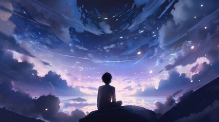 Wall Mural - beautiful stars colorful clouds woman in meditation pose looking above generative ai