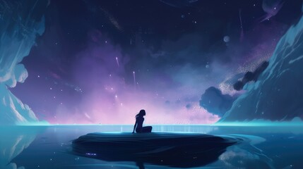 Wall Mural - beautiful stars colorful clouds woman in meditation pose looking above generative ai
