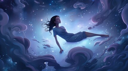 Wall Mural - beautiful stars colorful clouds woman in meditation pose looking above generative ai