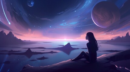 Wall Mural - beautiful stars colorful clouds woman in meditation pose looking above generative ai